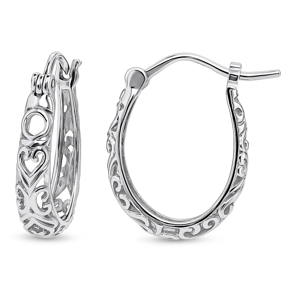 Oval Filigree Small Hoop Earrings in Sterling Silver 0.8"
