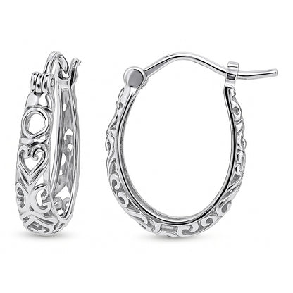 Oval Filigree Small Hoop Earrings in Sterling Silver 0.8"
