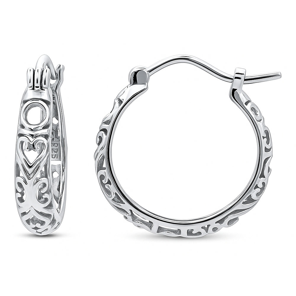 Filigree Small Hoop Earrings in Sterling Silver 0.8 inch, Rhodium Plated