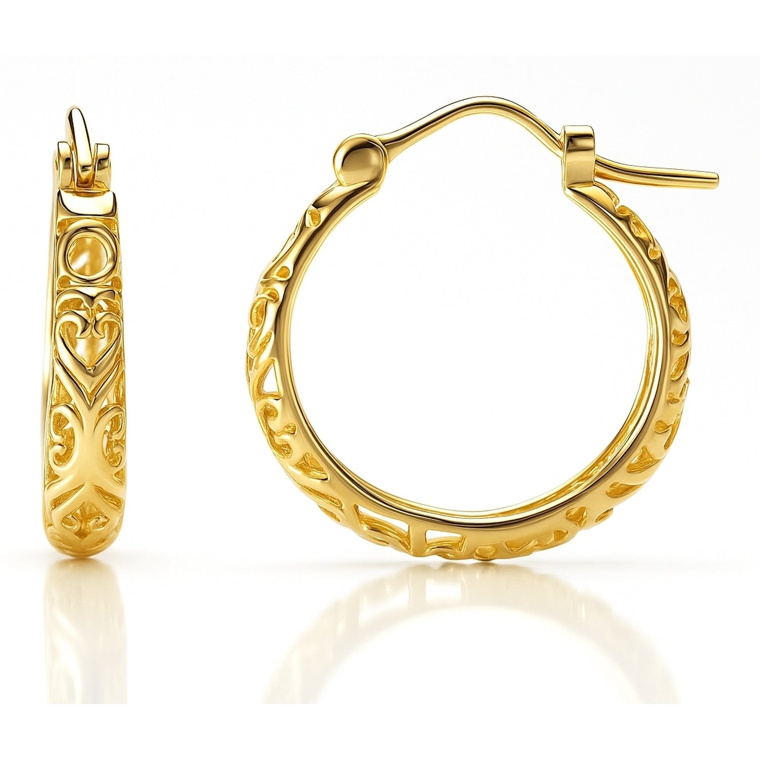 Filigree Small Hoop Earrings in Sterling Silver 0.8 inch, Yellow Gold Flashed