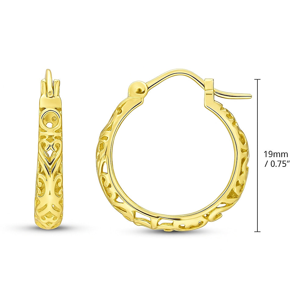 Filigree Small Hoop Earrings in Sterling Silver 0.8 inch, Yellow Gold Flashed