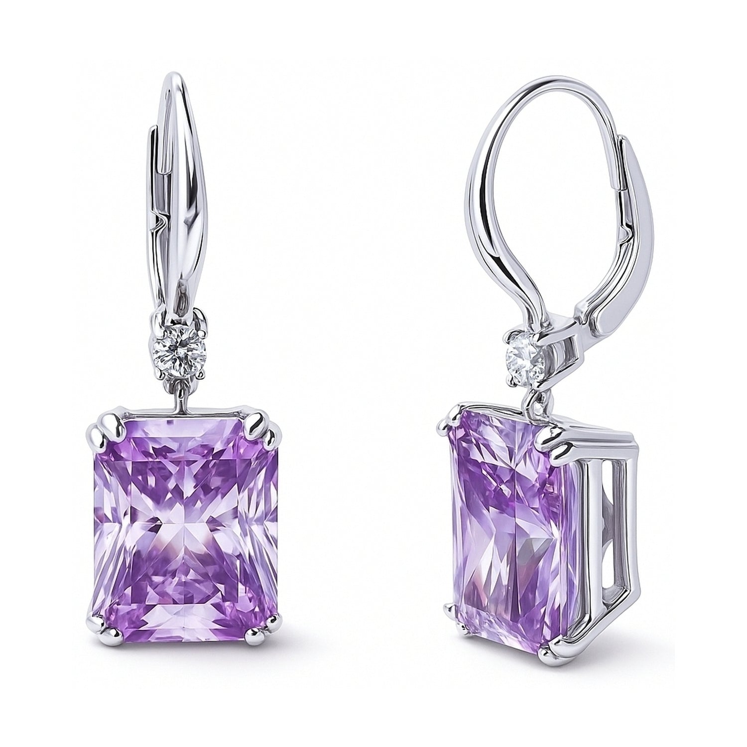 Solitaire Purple Radiant CZ Leverback Earrings in Sterling Silver