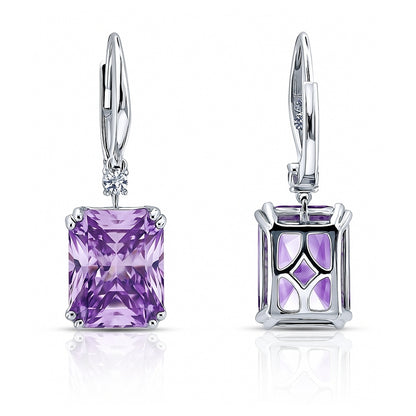 Solitaire Purple Radiant CZ Leverback Earrings in Sterling Silver