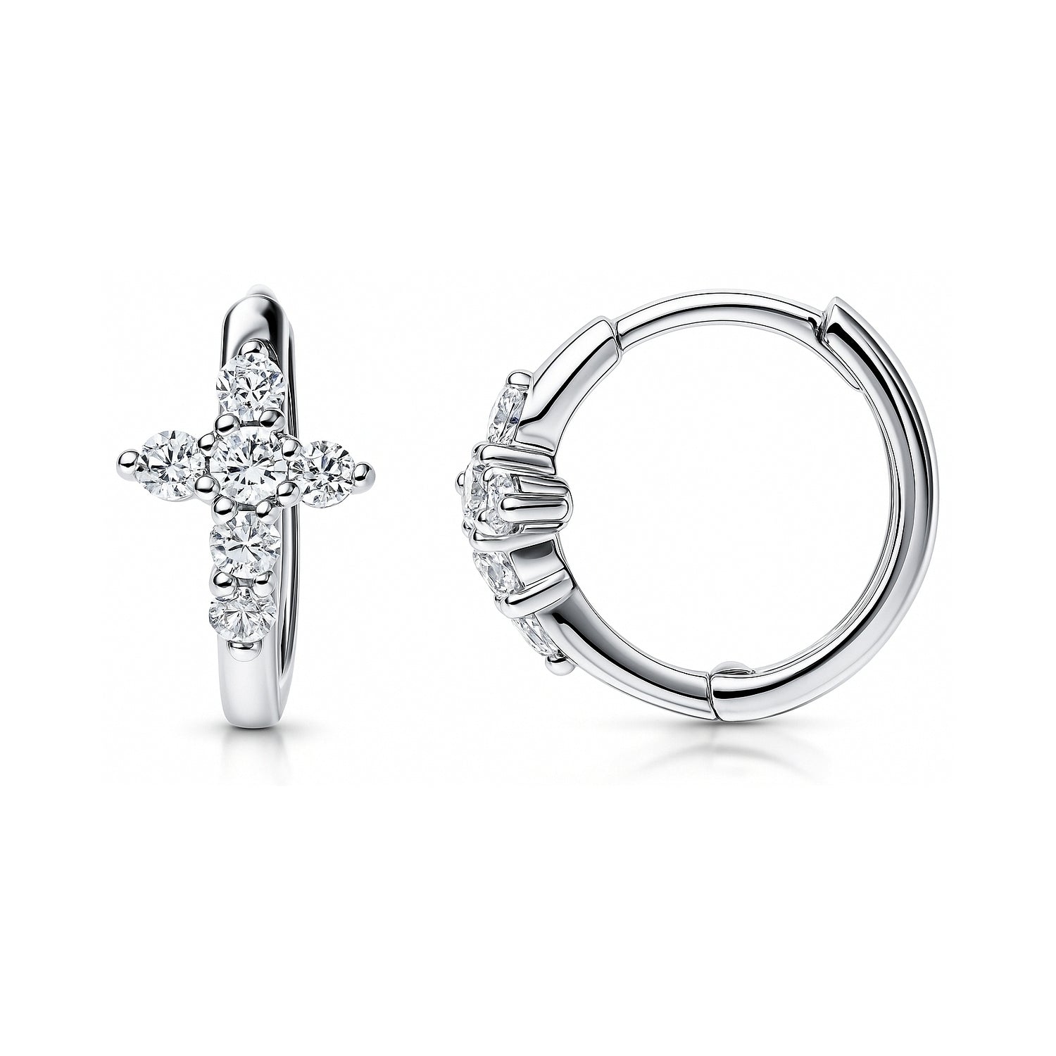 Cross CZ Mini Huggie Earrings in Sterling Silver 0.5 inch, Rhodium Plated