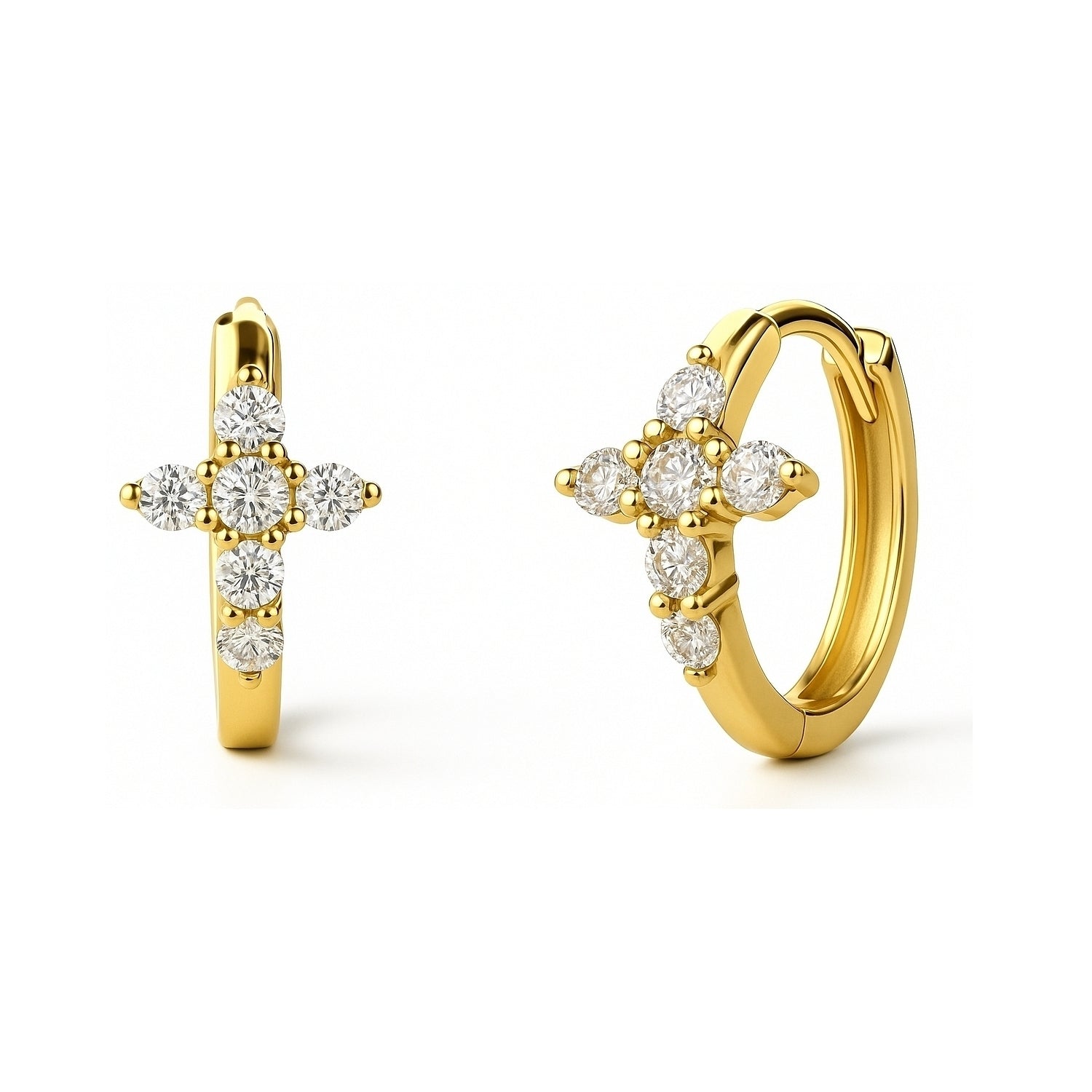 Cross CZ Mini Huggie Earrings in Sterling Silver 0.5 inch, Yellow Gold Flashed