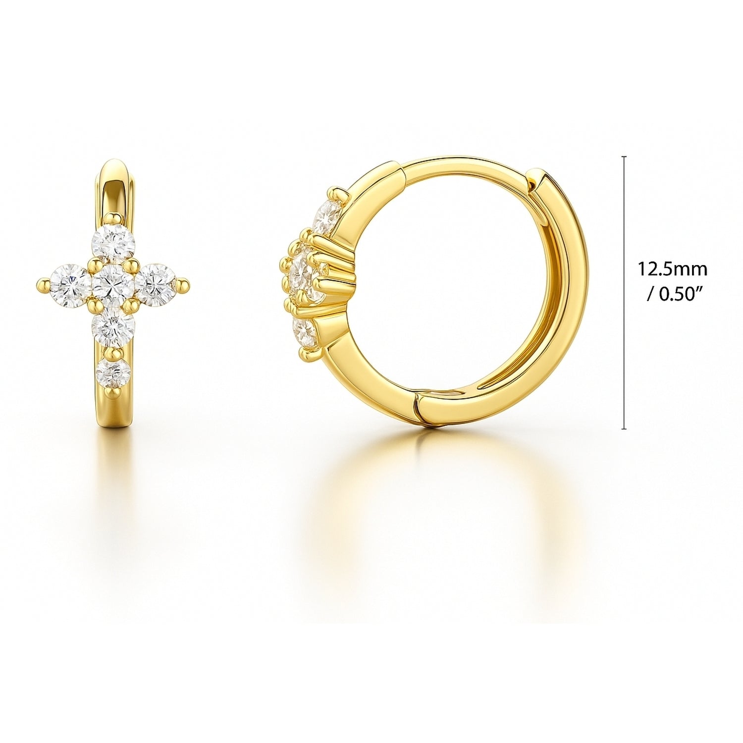 Cross CZ Mini Huggie Earrings in Sterling Silver 0.5 inch, Yellow Gold Flashed