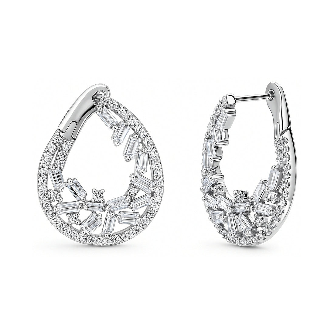 Teardrop Cluster CZ Small Hoop Earrings in Sterling Silver 0.9"