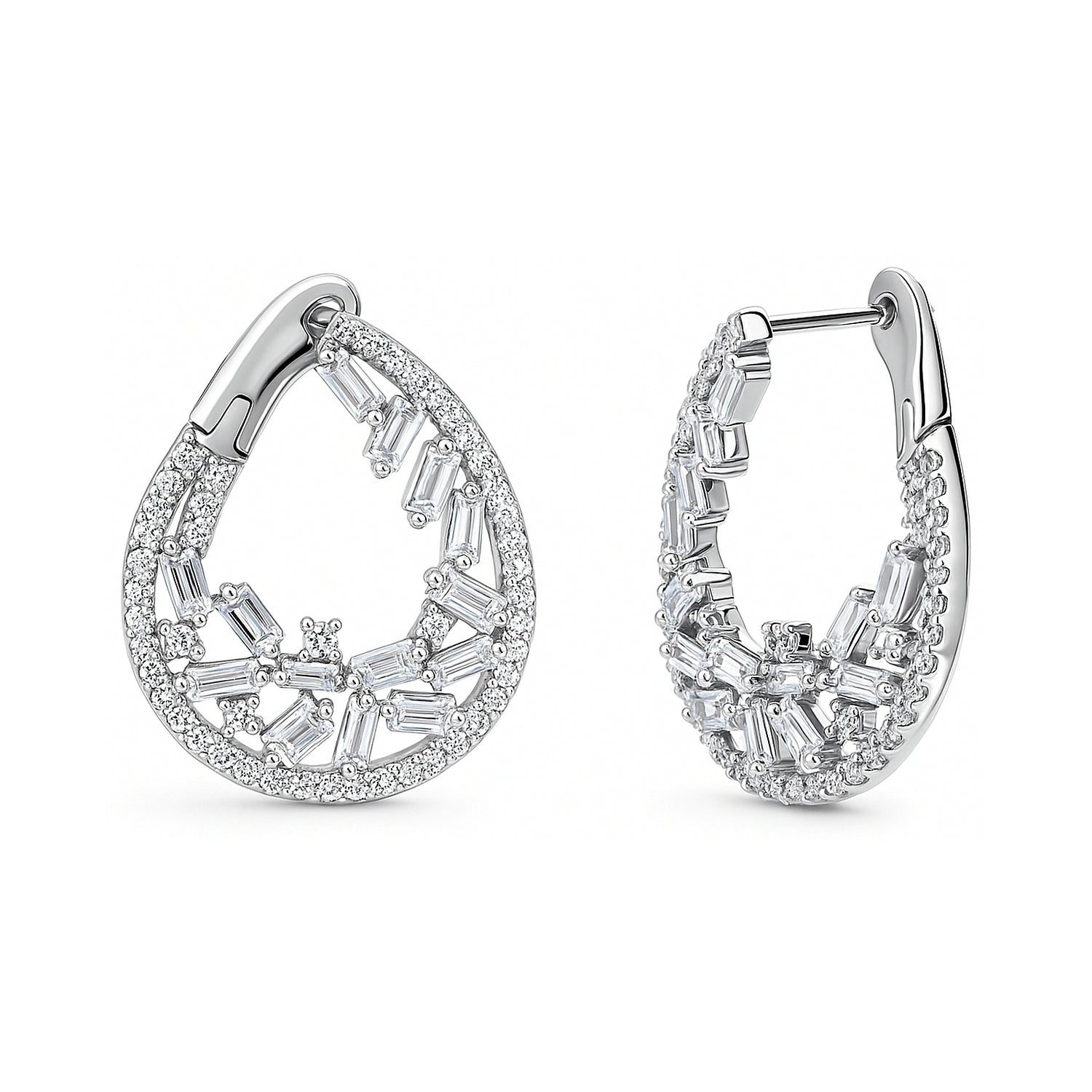 Teardrop Cluster CZ Small Hoop Earrings in Sterling Silver 0.9 inch, 1 of 3