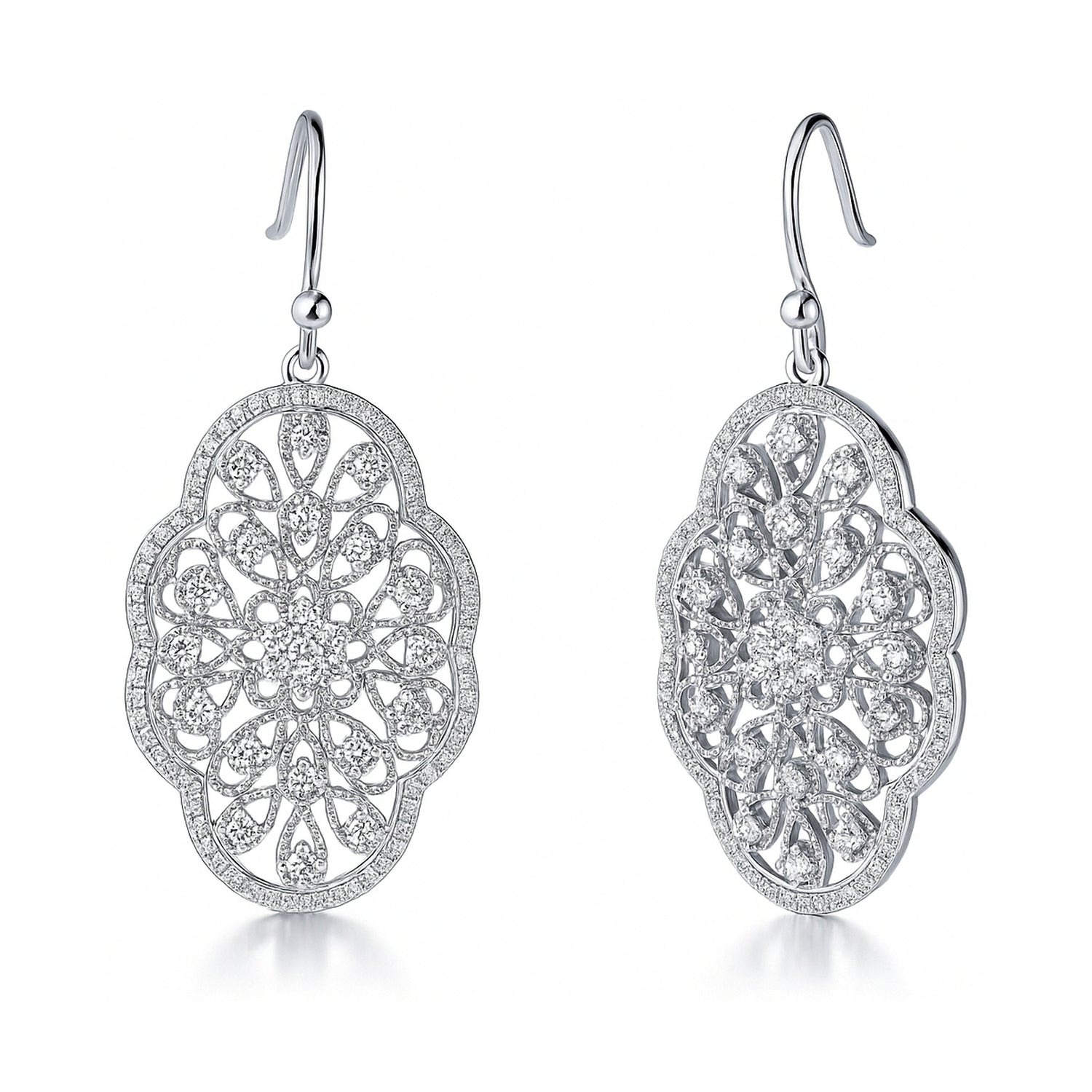 Flower Filigree Art Deco CZ Fish Hook Earrings in Sterling Silver