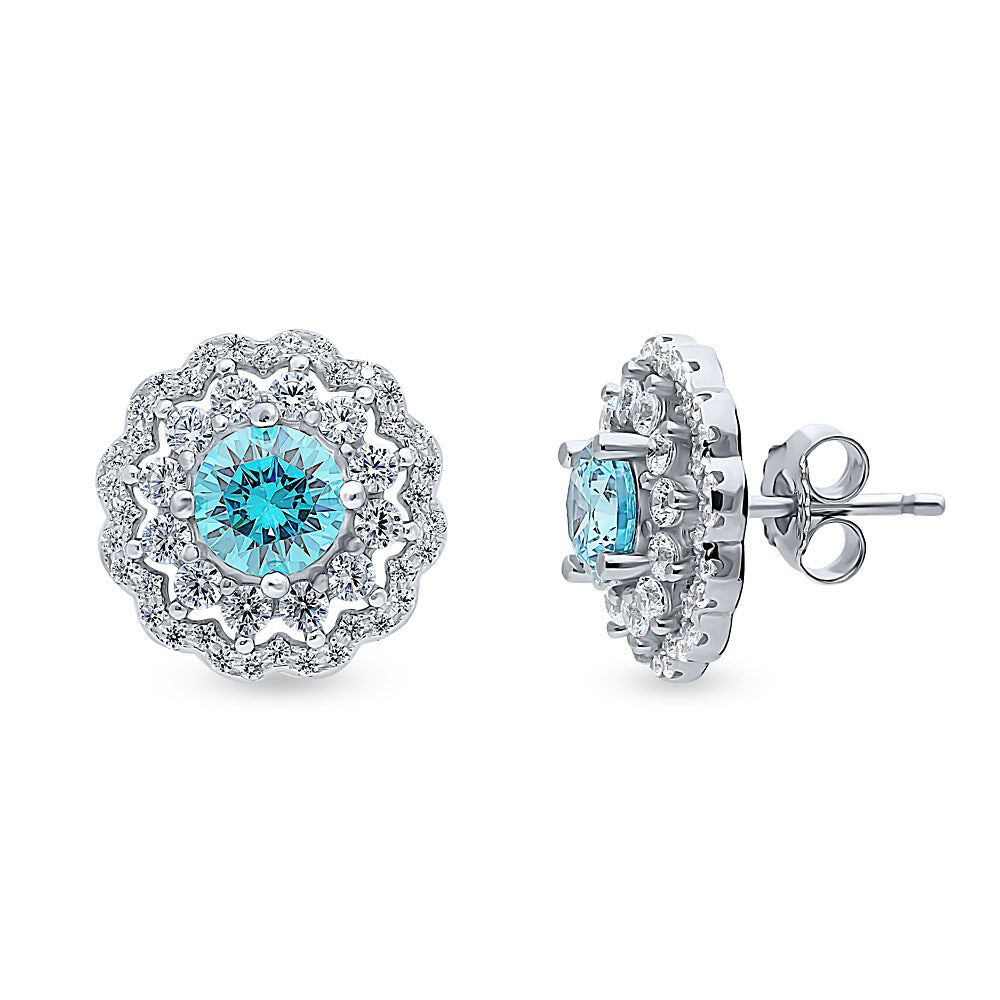 Flower Halo Blue CZ Stud Earrings in Sterling Silver, 1 of 4