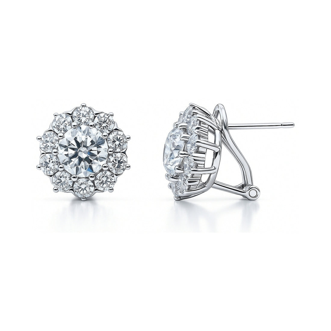 Flower Halo CZ Omega Back Stud Earrings in Sterling Silver