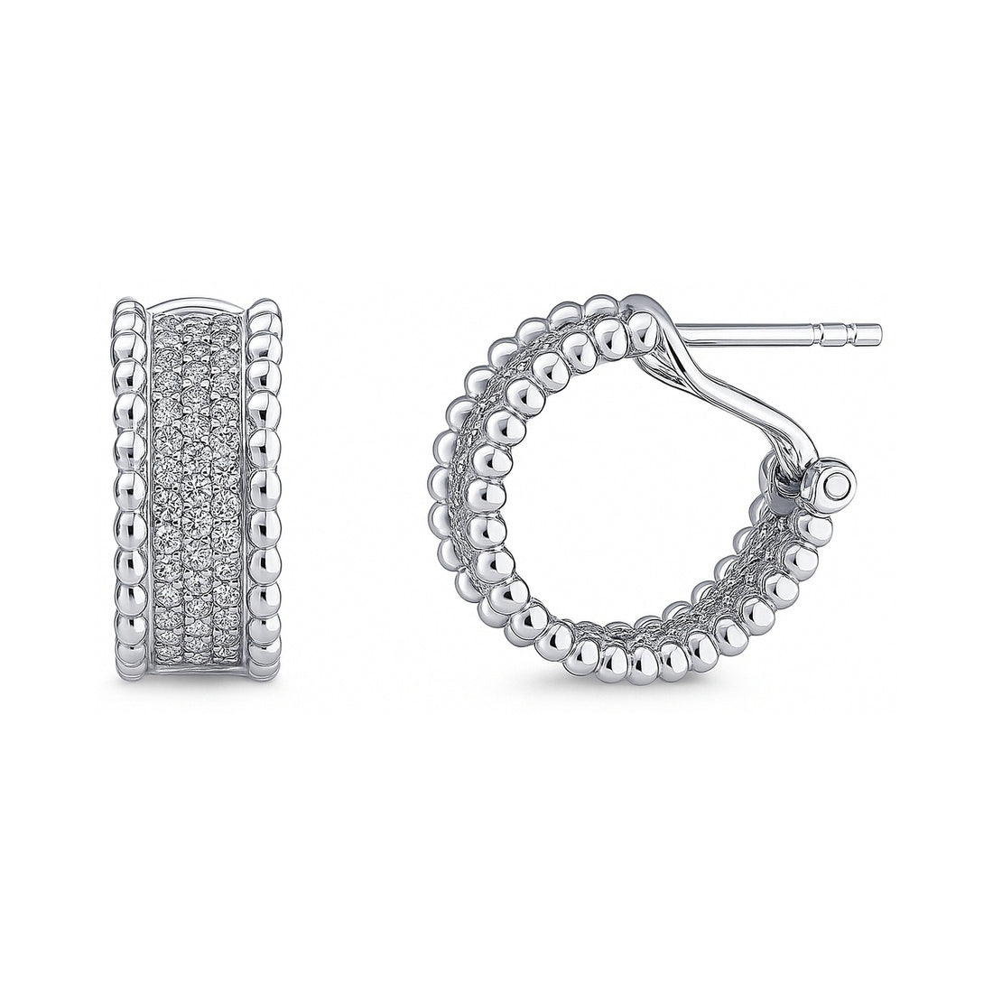 Bead CZ Small Omega Back Hoop Earrings in Sterling Silver 0.7"