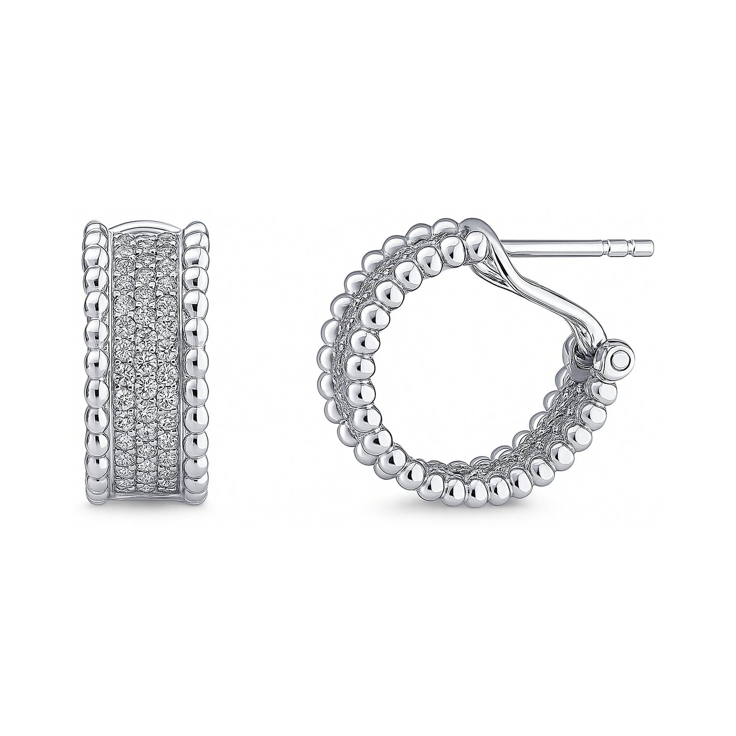 Bead CZ Small Omega Back Hoop Earrings in Sterling Silver 0.7 inch, 1 of 5