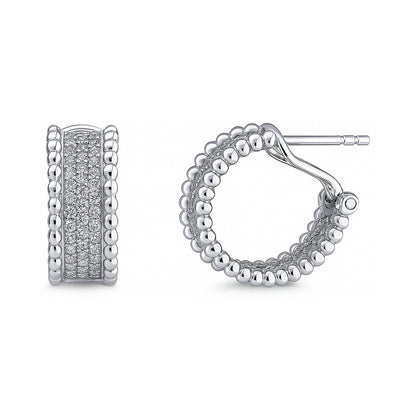 Bead CZ Small Omega Back Hoop Earrings in Sterling Silver 0.7"