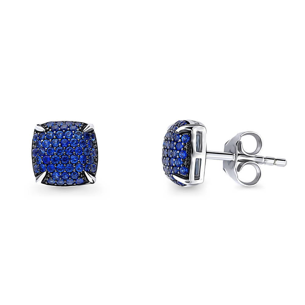 Square CZ Stud Earrings in Sterling Silver, Blue Color