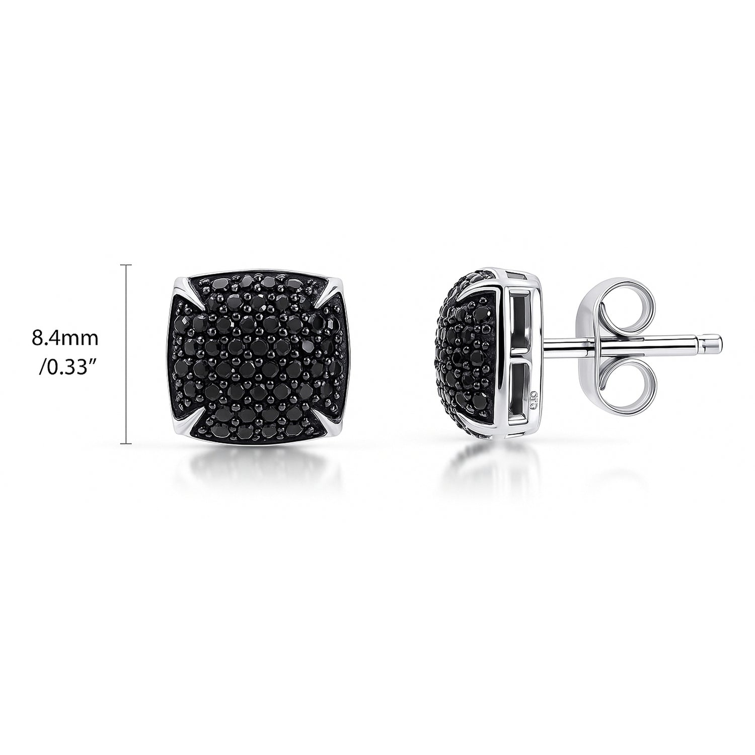 Square CZ Stud Earrings in Sterling Silver, Black Color