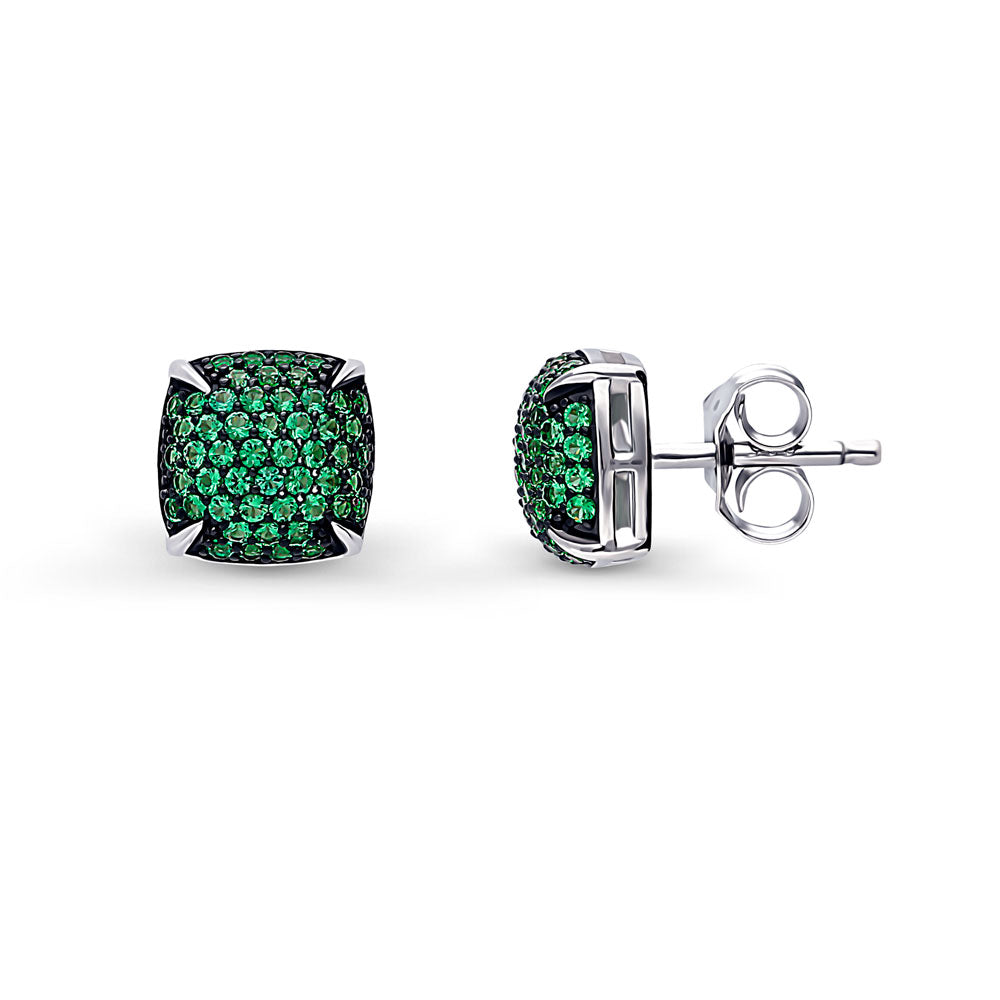 Square CZ Stud Earrings in Sterling Silver, Green Color