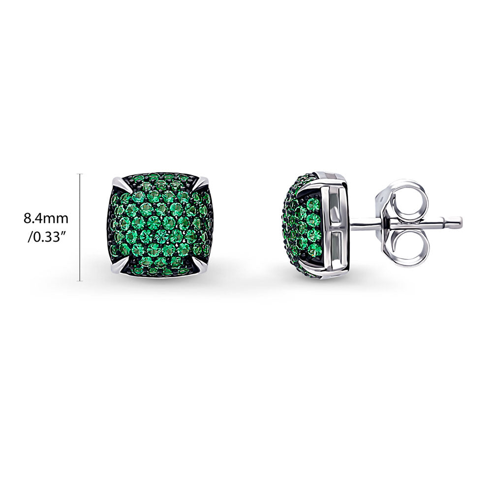 Front view of Square CZ Stud Earrings in Sterling Silver, Green Color