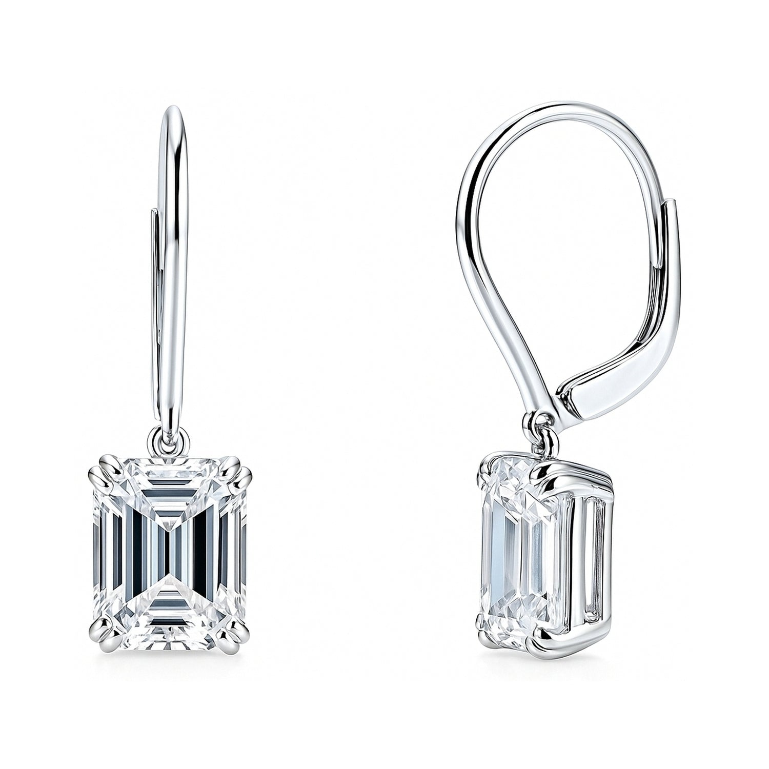 Solitaire Emerald Cut CZ Leverback Earrings in Sterling Silver, Rhodium Plated