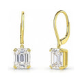 Solitaire Emerald Cut CZ Leverback Earrings in Sterling Silver, Yellow Gold Flashed