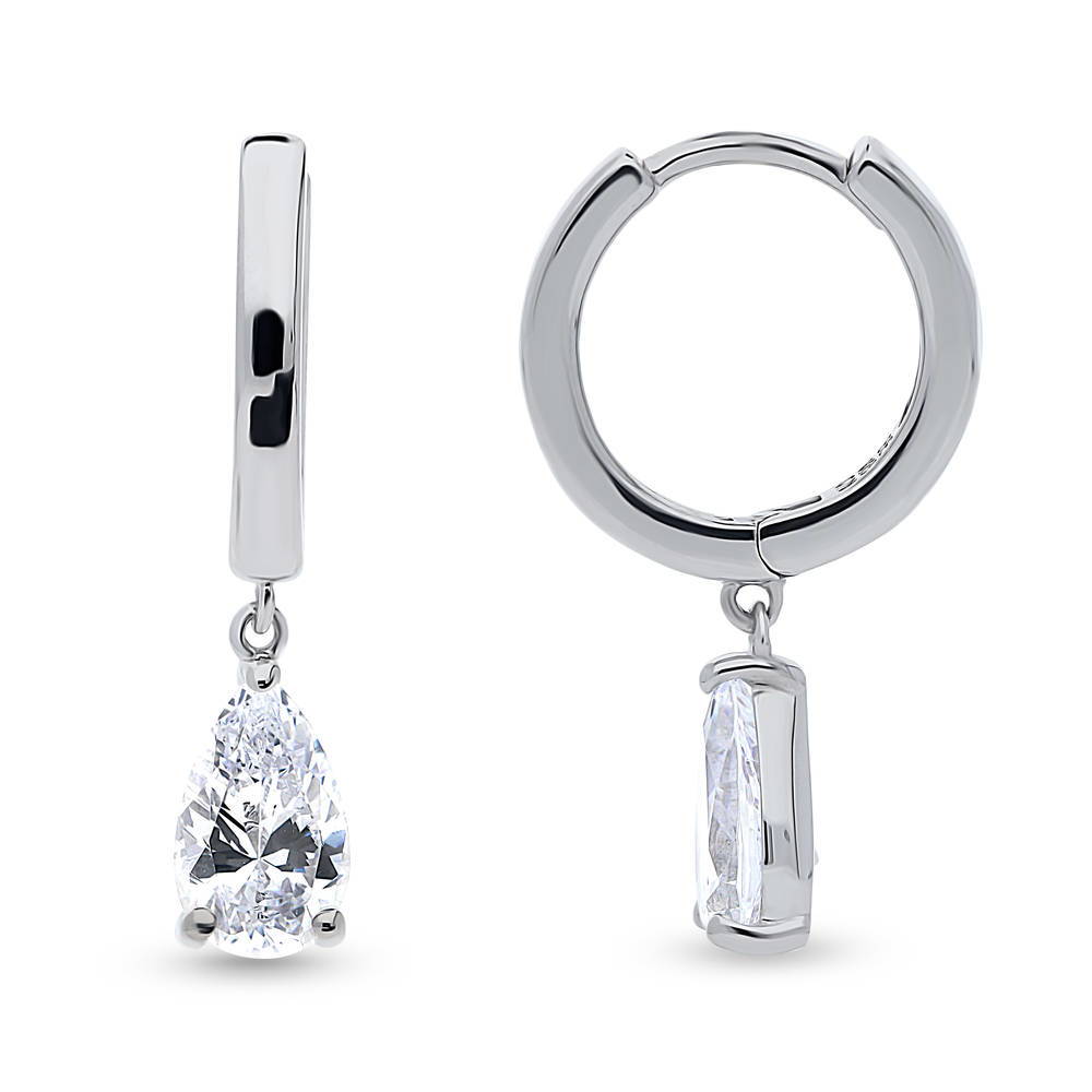 Solitaire CZ Cartilage Huggie Earrings in Sterling Silver 0.5 inch, Rhodium Plated / Pear Cut