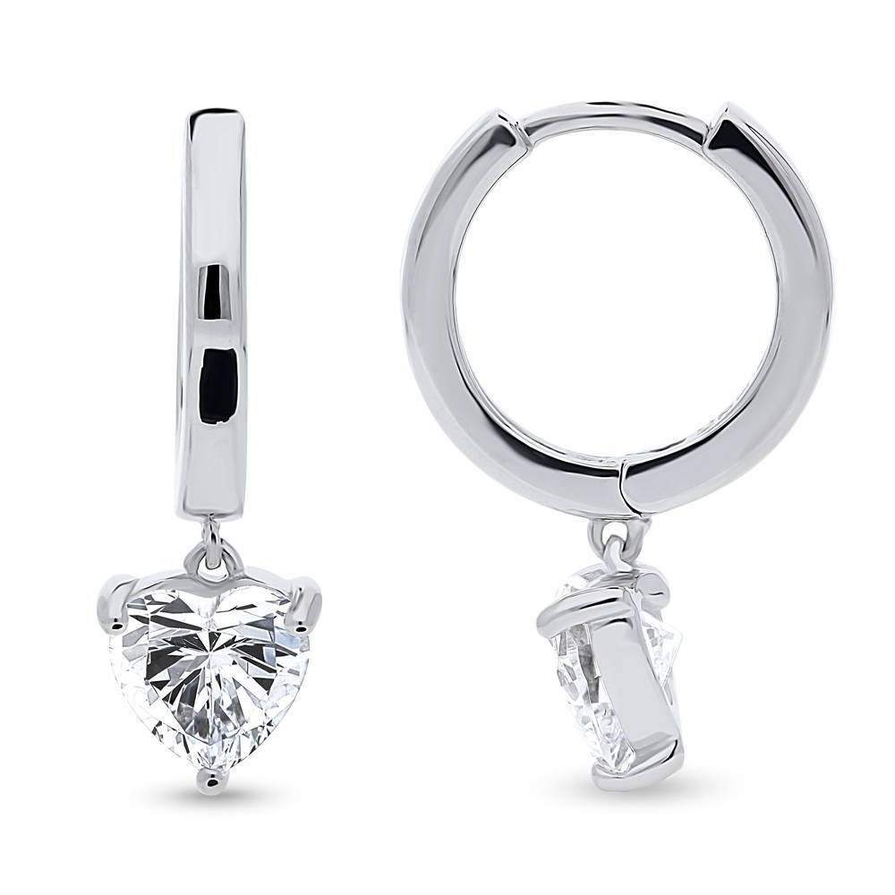 Solitaire CZ Cartilage Huggie Earrings in Sterling Silver 0.5 inch, Rhodium Plated / Heart Shaped Cut