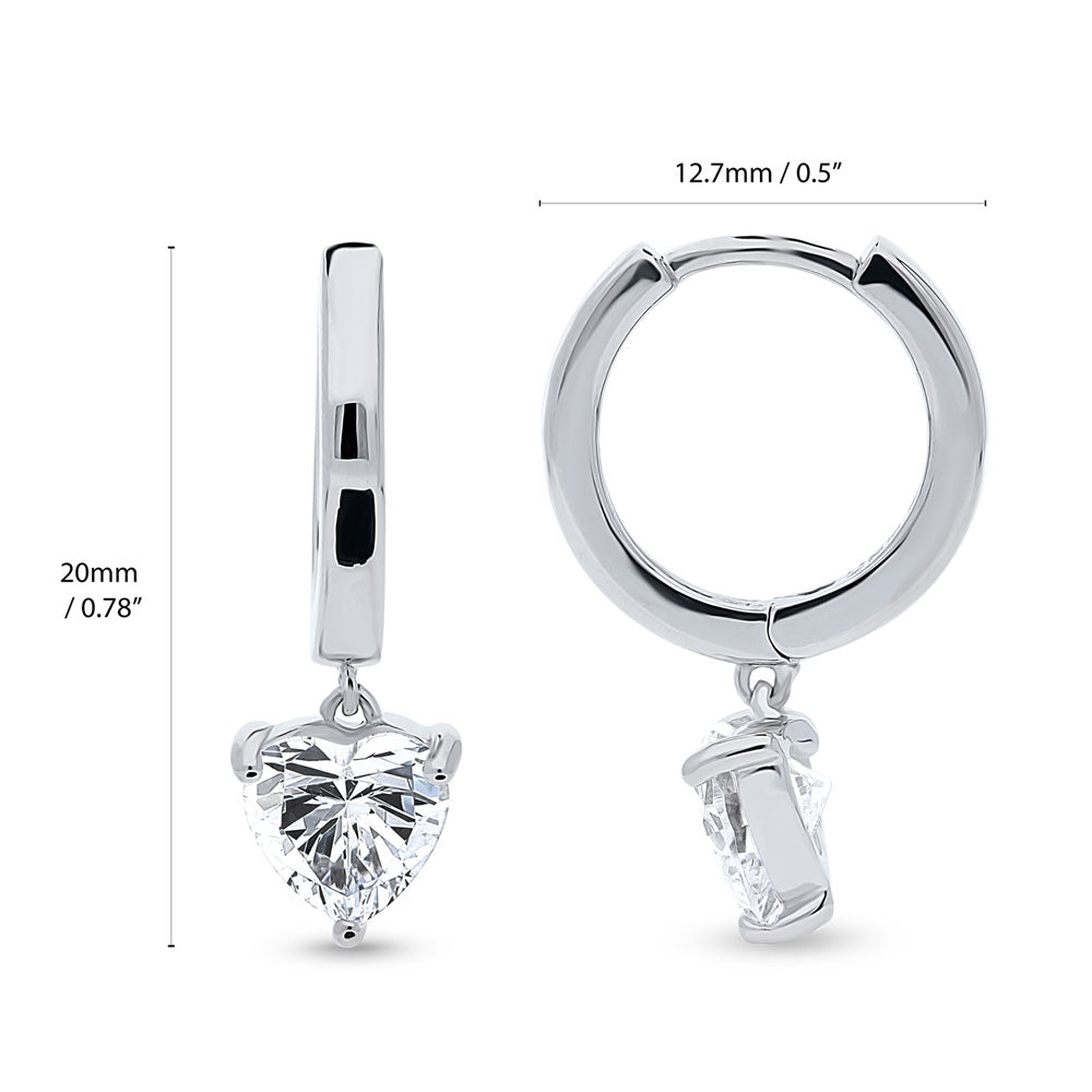 Front view of Solitaire CZ Cartilage Huggie Earrings in Sterling Silver 0.5 inch, Rhodium Plated / Heart Shaped Cut