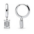 Solitaire CZ Cartilage Huggie Earrings in Sterling Silver 0.5 inch, Rhodium Plated / Emerald Cut