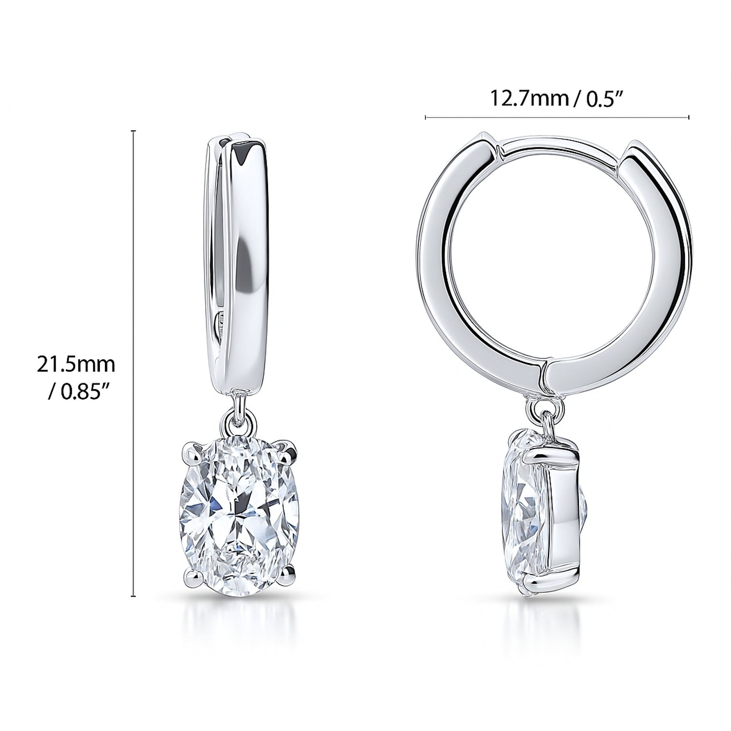 Solitaire CZ Cartilage Huggie Earrings in Sterling Silver 0.5 inch, Rhodium Plated / Oval Cut