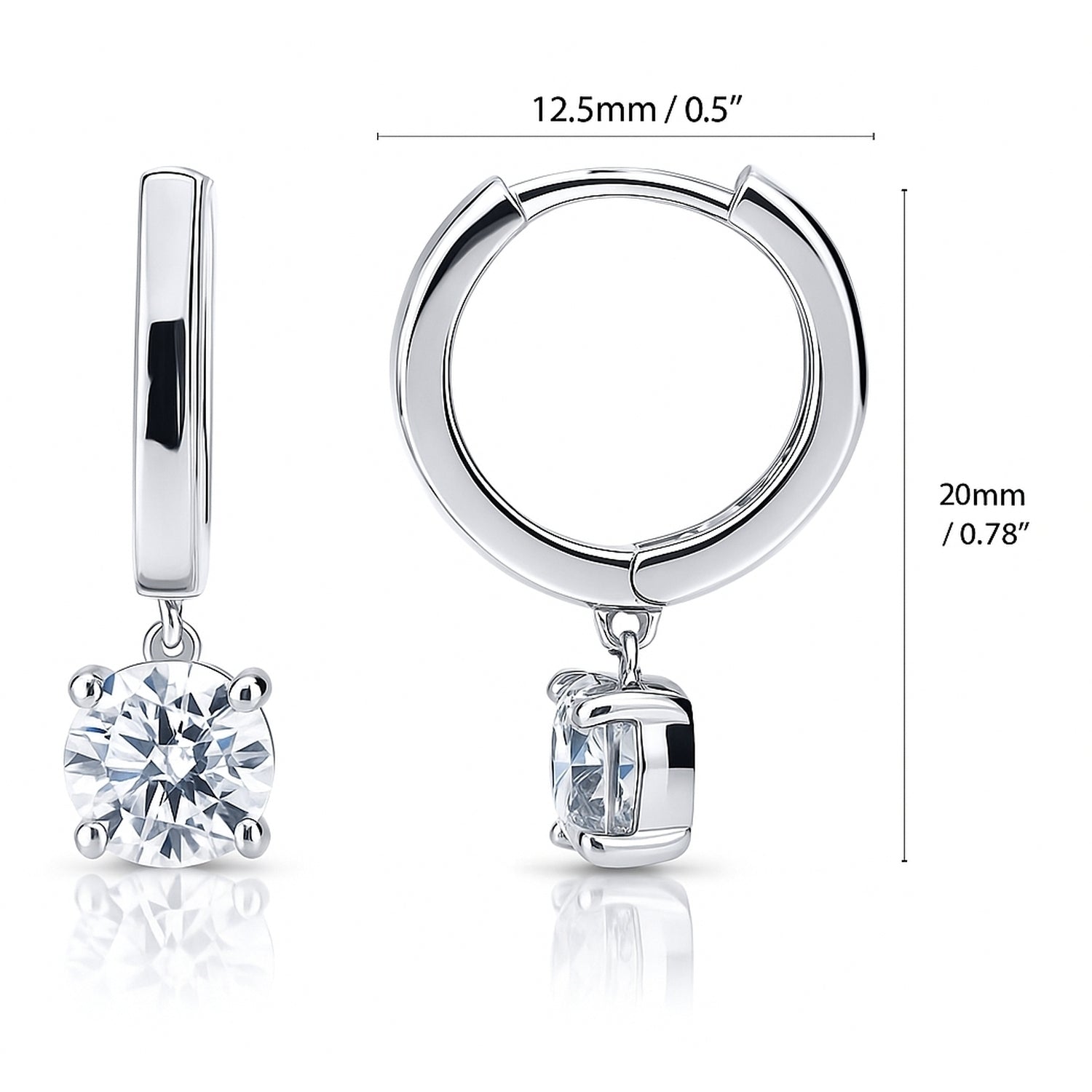 Solitaire CZ Cartilage Huggie Earrings in Sterling Silver 0.5 inch, Rhodium Plated / Round Cut