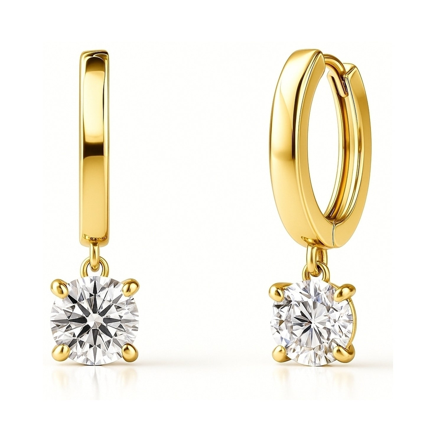 Solitaire CZ Cartilage Huggie Earrings in Sterling Silver 0.5 inch, Yellow Gold Flashed / Round Cut