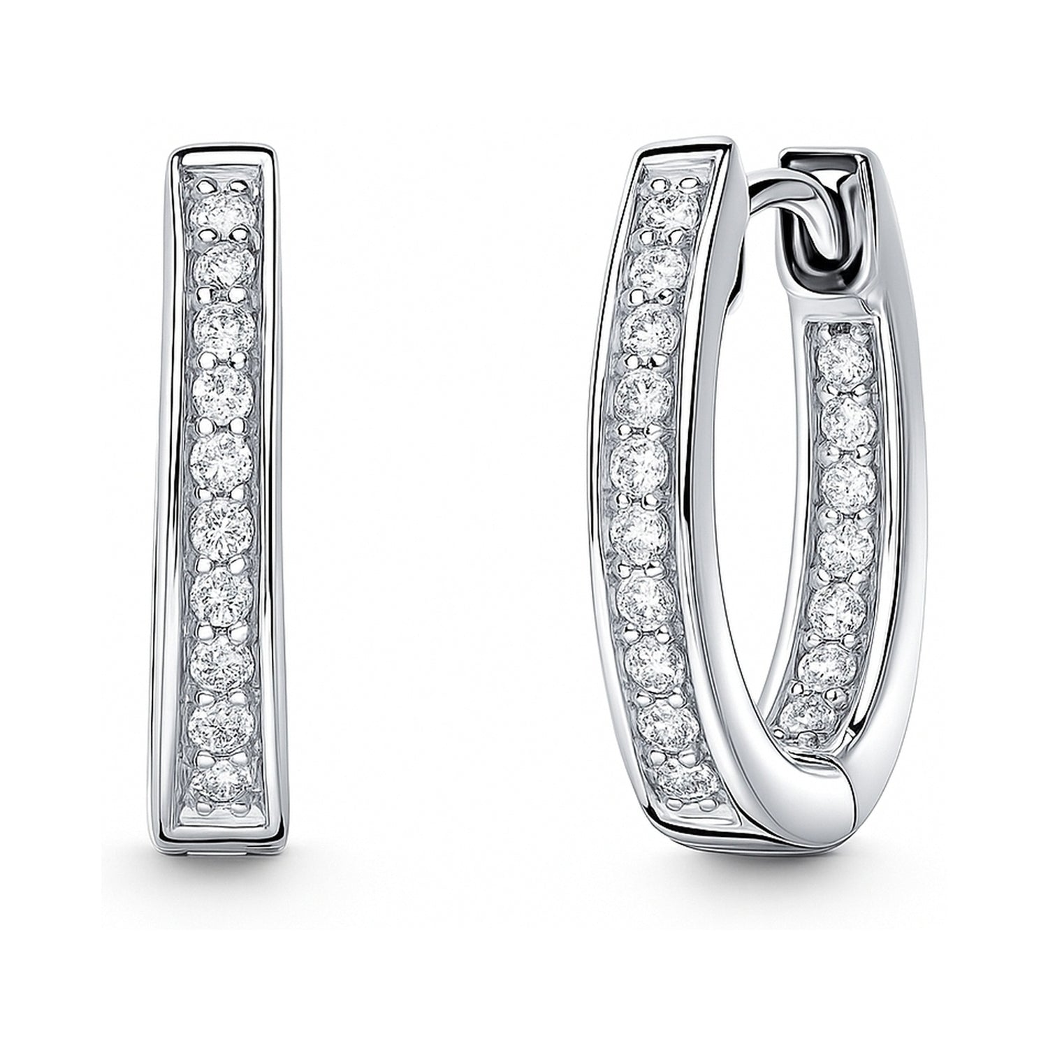 Oval Bar CZ Small Hoop Earrings in Sterling Silver 0.7 inch, Rhodium Plated