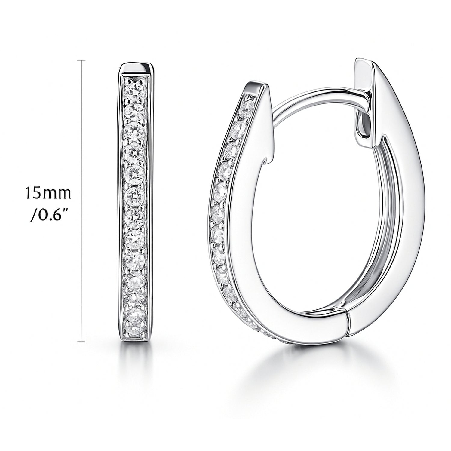 Oval Bar CZ Small Hoop Earrings in Sterling Silver 0.6 inch, Rhodium Plated
