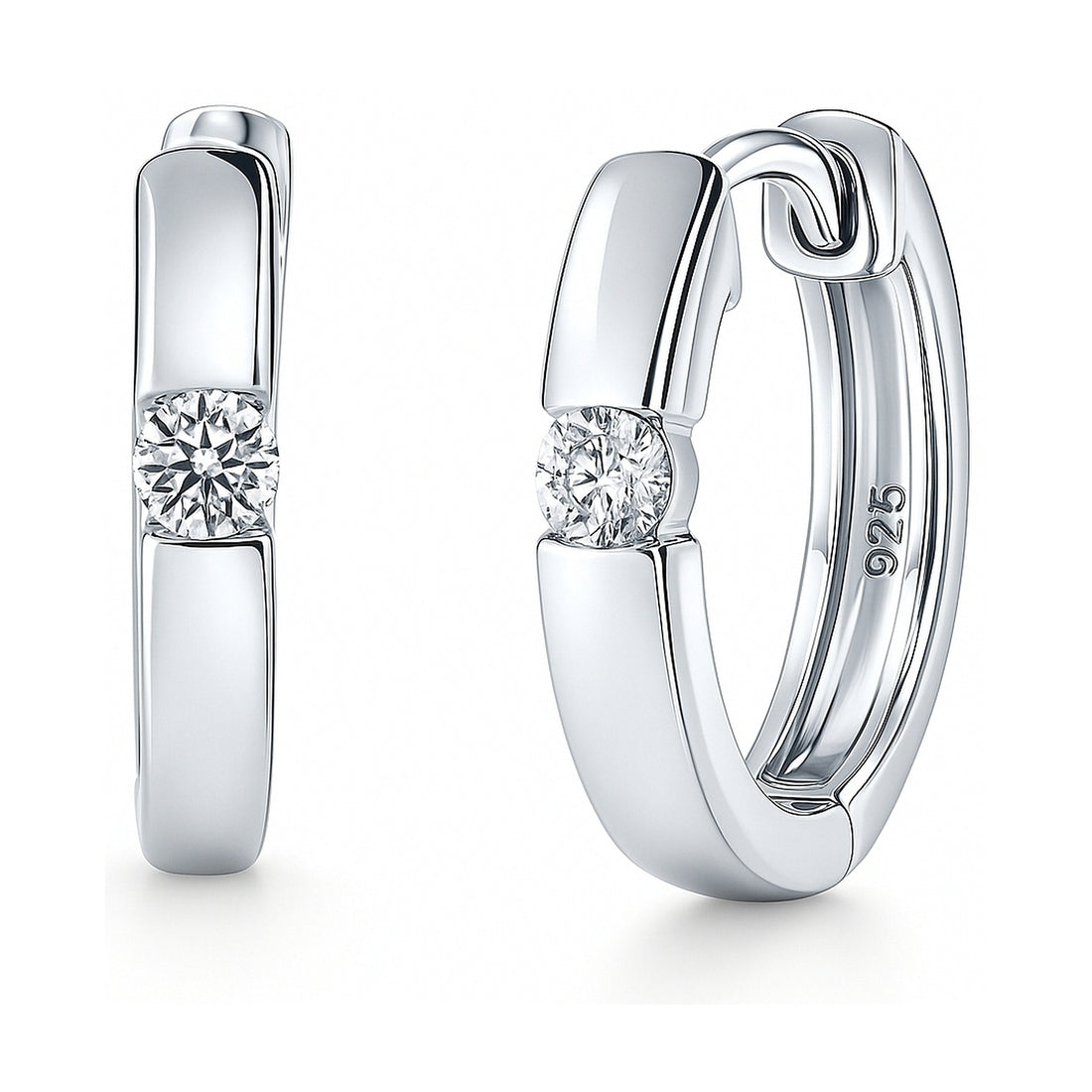 Solitaire CZ Small Hoop Earrings in Sterling Silver 0.6"