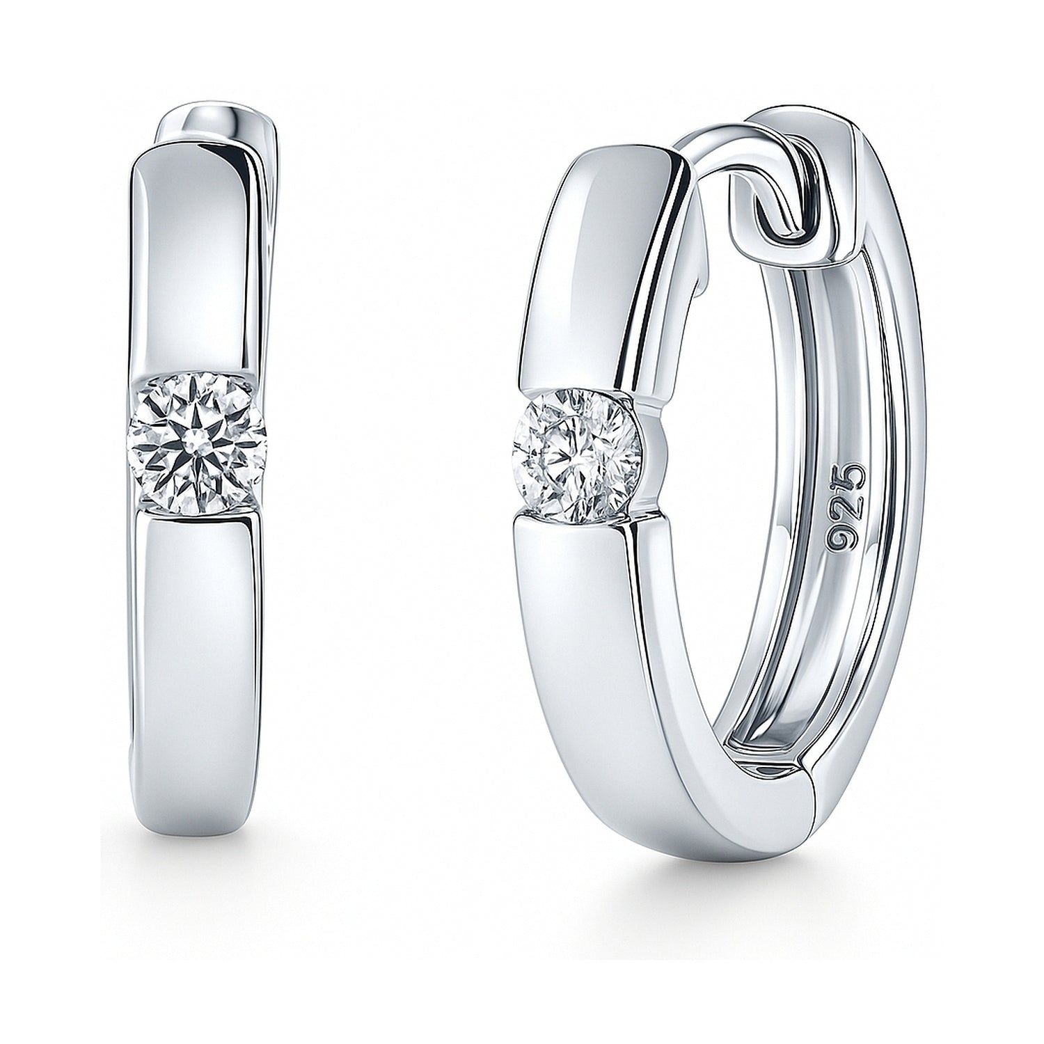 Solitaire CZ Small Hoop Earrings in Sterling Silver 0.6 inch, Rhodium Plated