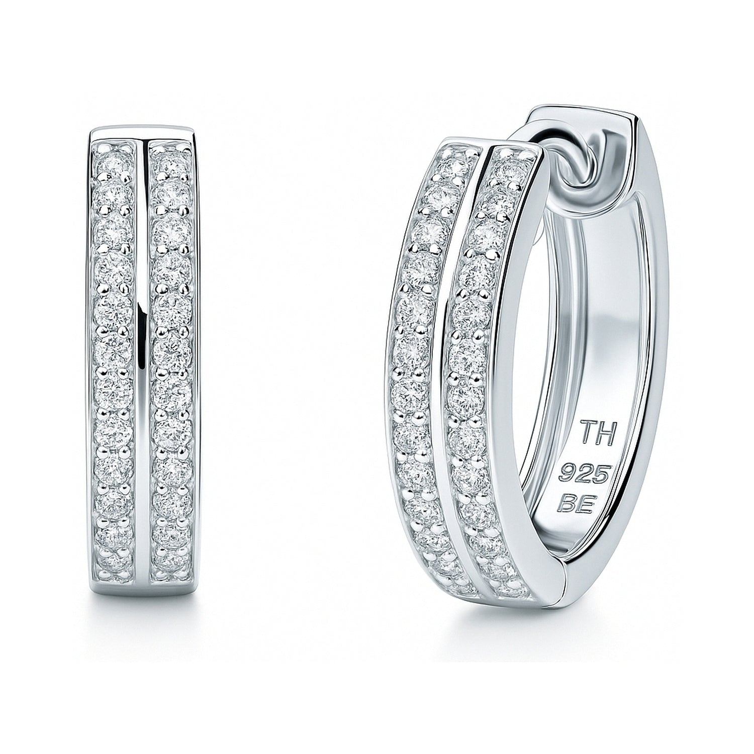 Double Row CZ Small Hoop Earrings in Sterling Silver 0.6"