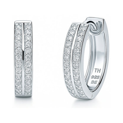 Double Row CZ Small Hoop Earrings in Sterling Silver 0.6"