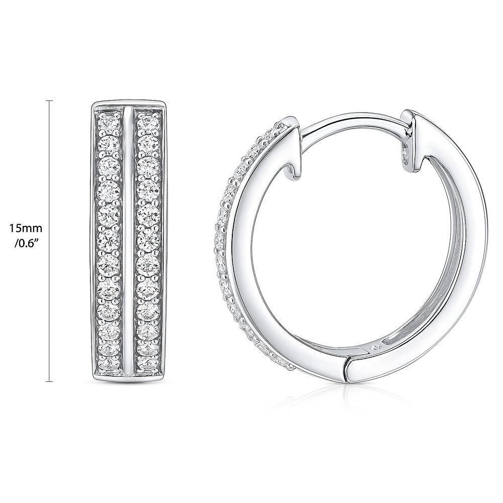 Double Row CZ Small Hoop Earrings in Sterling Silver 0.6"