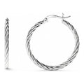 Cable Hoop Earrings in Sterling Silver 1.2 inch, Rhodium Plated