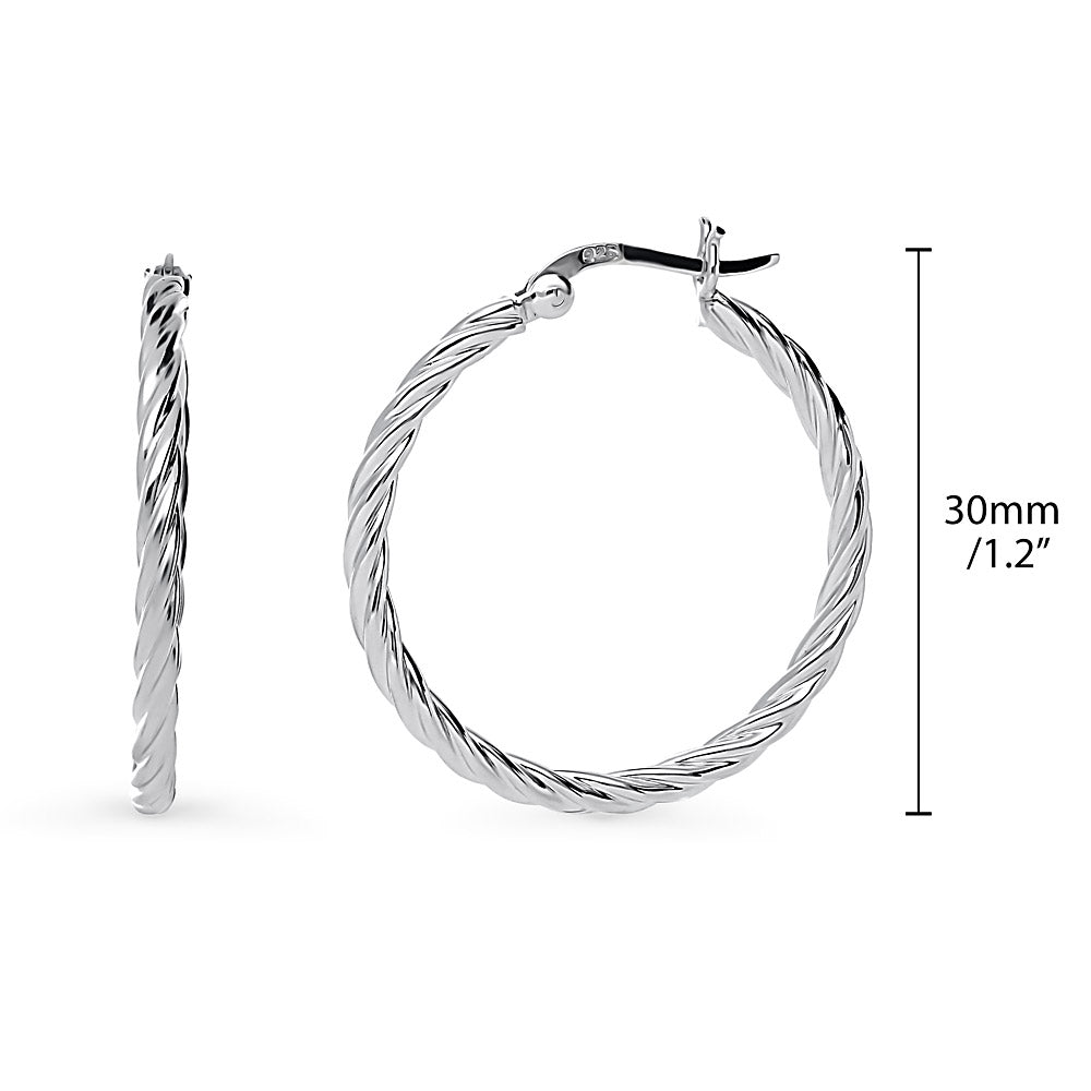 Front view of Cable Medium Hoop Earrings in Sterling Silver 1.2 inch, Rhodium Plated