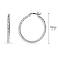 Front view of Cable Medium Hoop Earrings in Sterling Silver 1.2 inch, Rhodium Plated