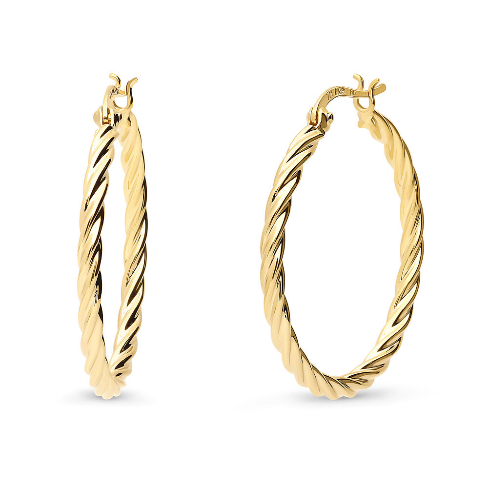 Cable Medium Hoop Earrings in Sterling Silver 1.2 inch, Yellow Gold Flashed