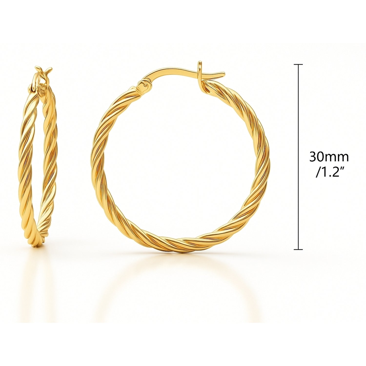 Cable Hoop Earrings in Sterling Silver 1.2 inch, Yellow Gold Flashed