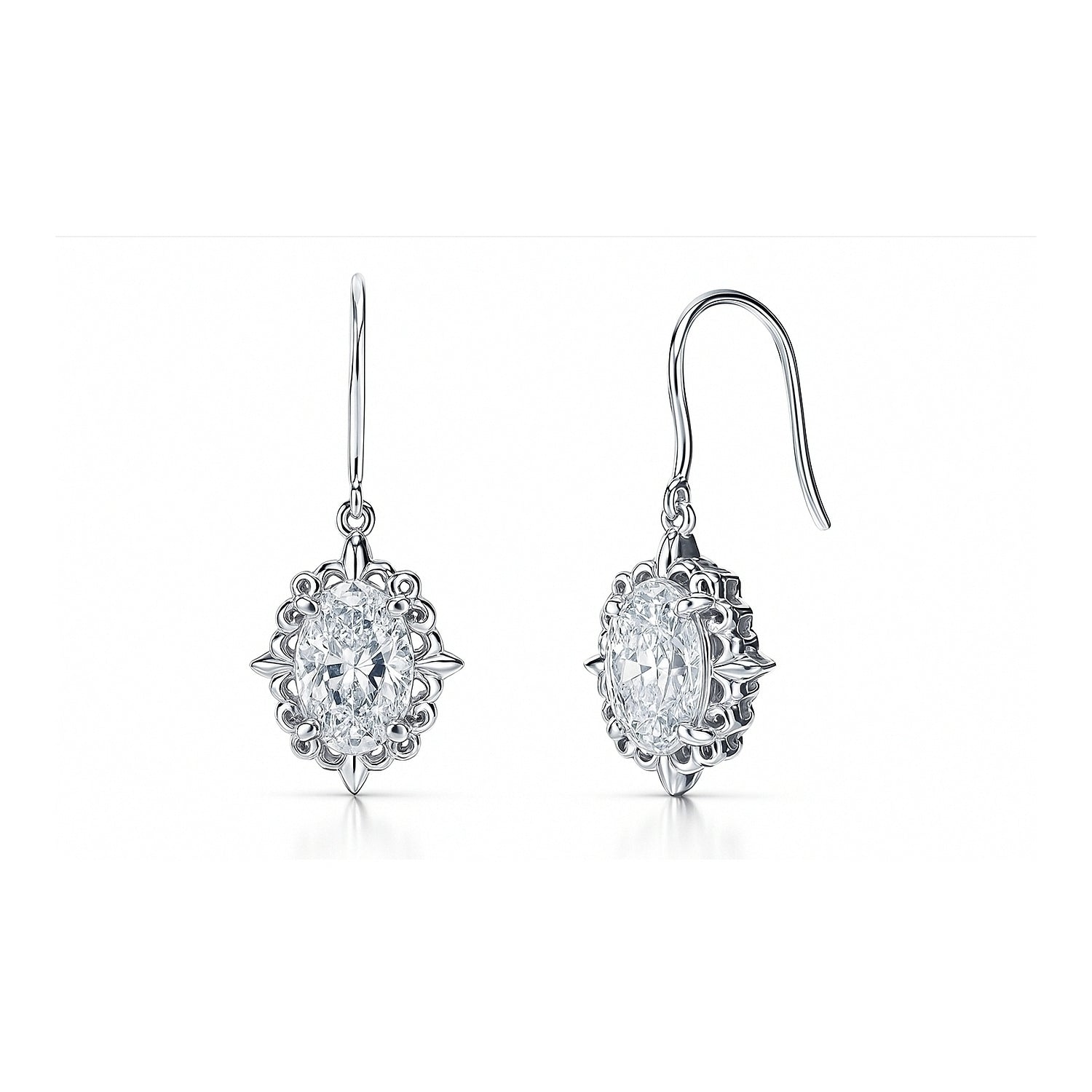 Solitaire Filigree Oval CZ Fish Hook Earrings in Sterling Silver