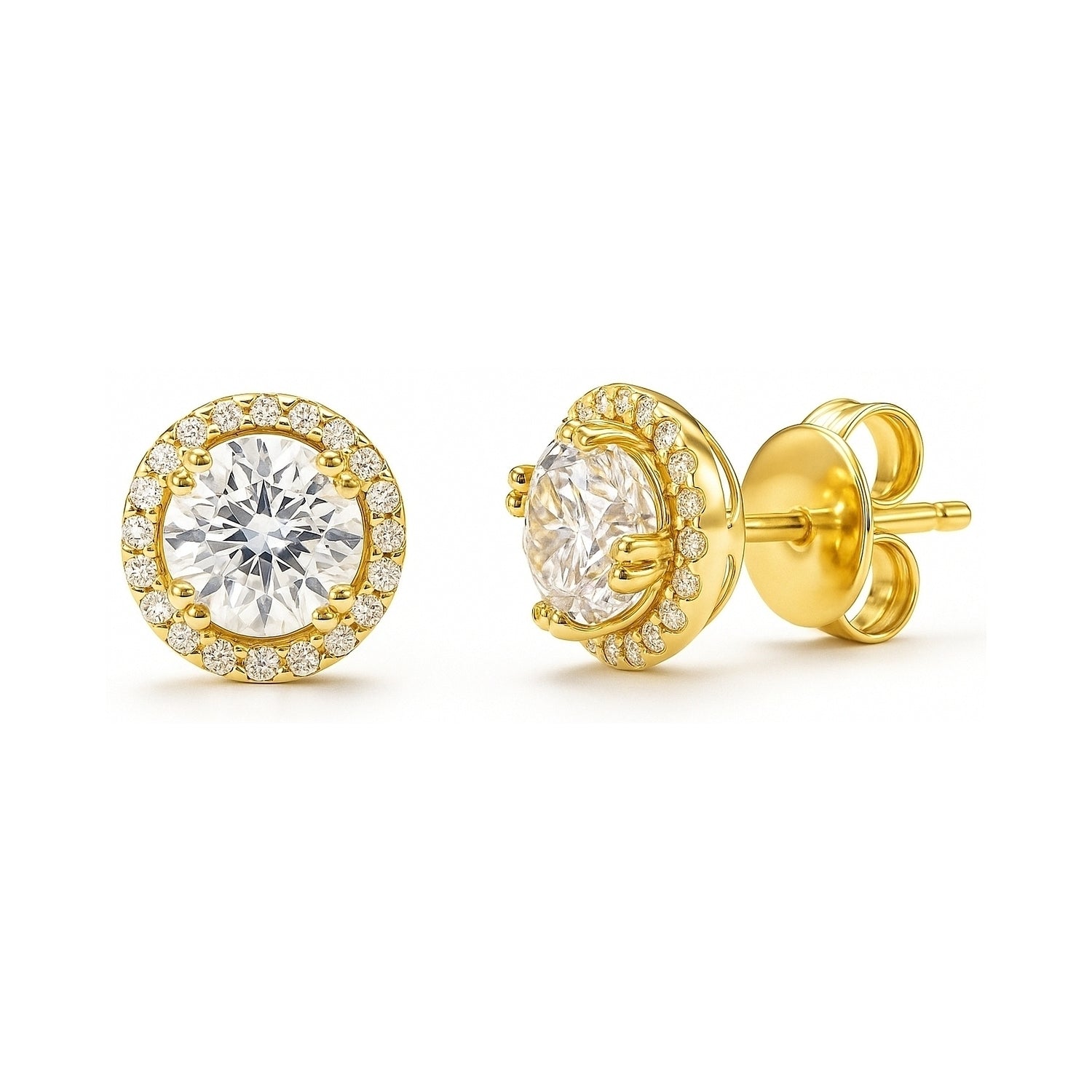 Halo CZ Stud Earrings in Sterling Silver, Yellow Gold Flashed