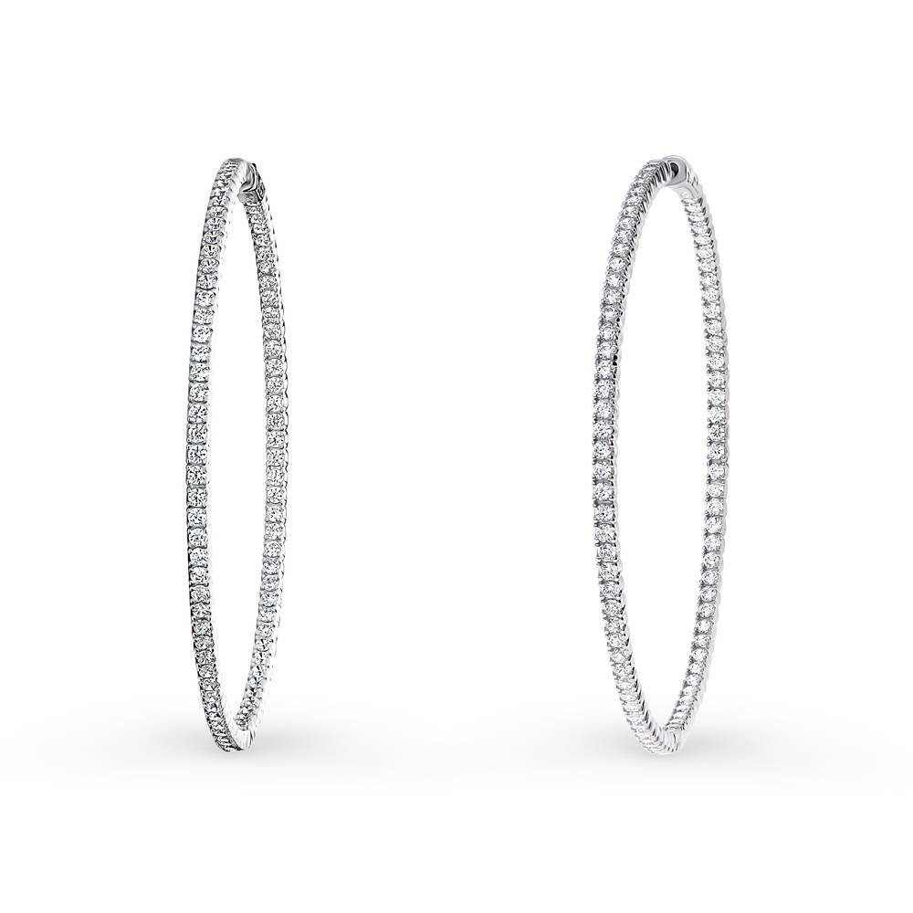 Front view of CZ Large Inside-Out Hoop Earrings in Sterling Silver 2.5 inch, Rhodium Plated