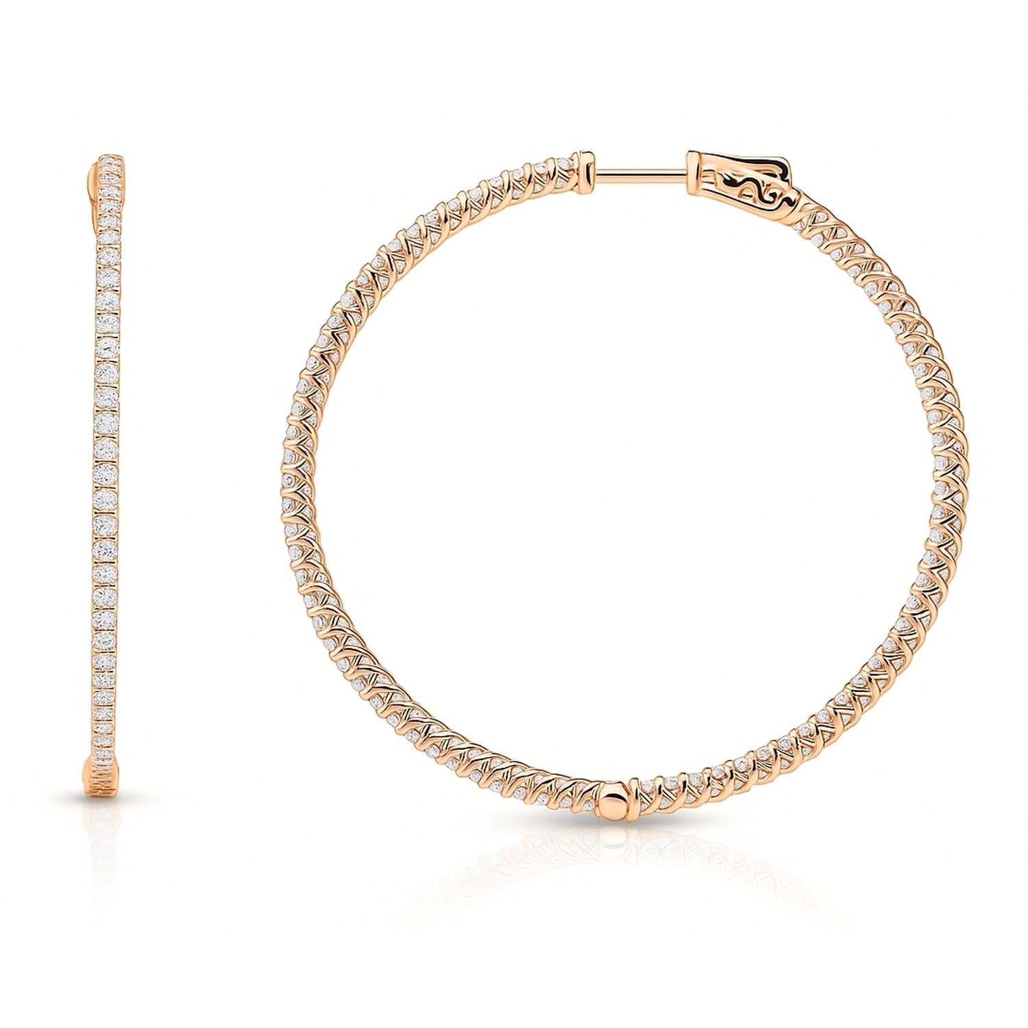CZ Large Inside-Out Hoop Earrings in Sterling Silver 2 inch, Rose Gold Flashed