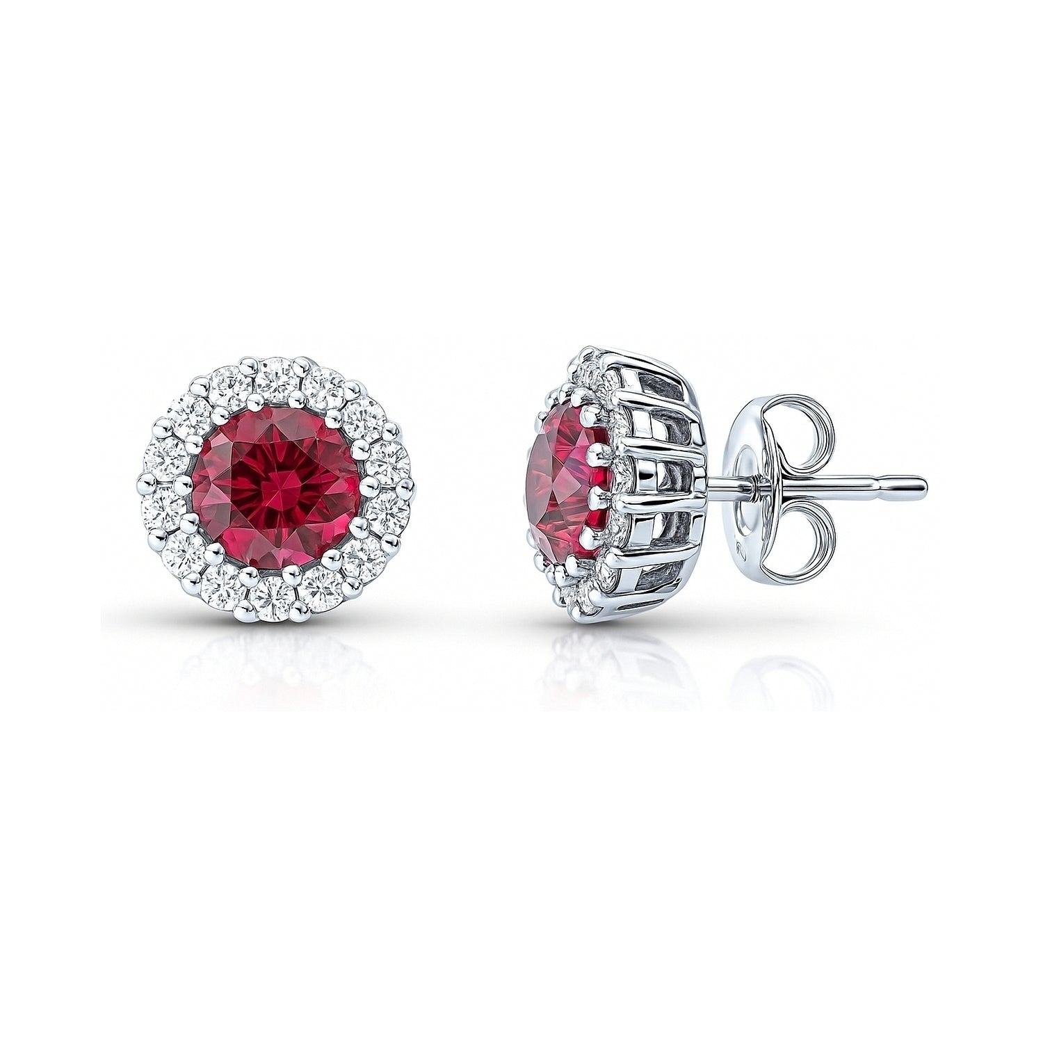 Halo Kaleidoscope CZ Stud Earrings in Sterling Silver, Red Color