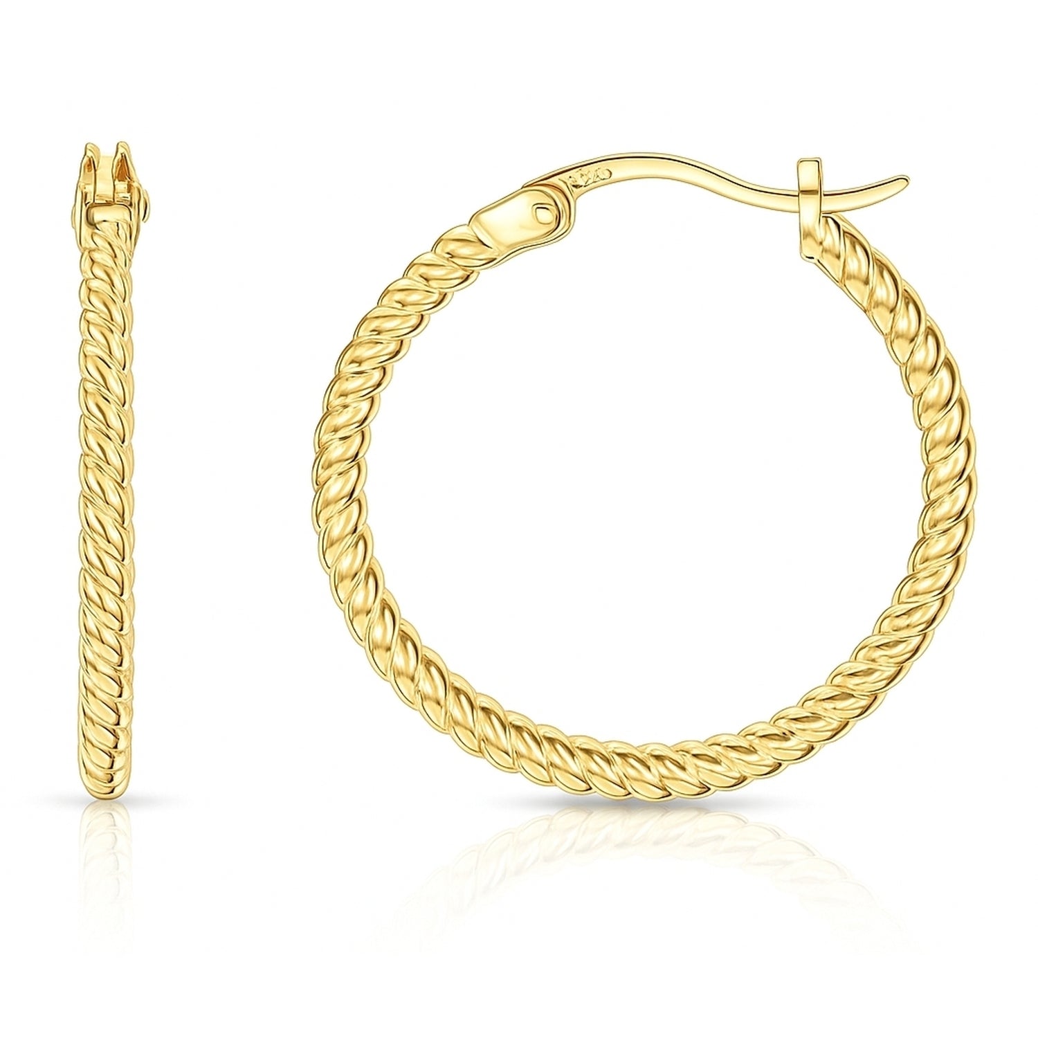 Cable Hoop Earrings in Gold Flashed Sterling Silver 0.9", 2 Pairs