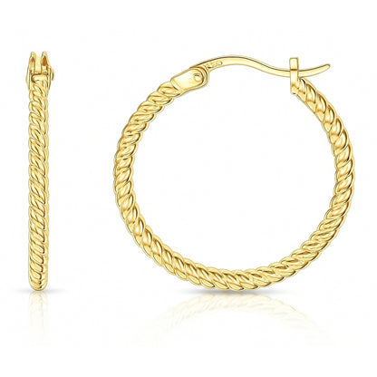 Cable Hoop Earrings in Gold Flashed Sterling Silver 0.9", 2 Pairs